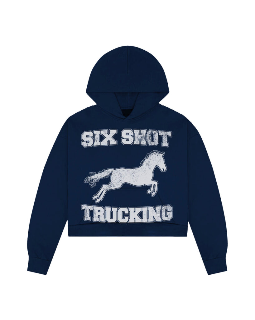 A close-up of the Six Shot Horsepower Hoodie, featuring bold automotive-inspired graphics and high-quality fabric design