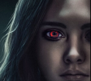 M3GAN 2.0 promotional poster featuring the AI doll in a futuristic setting with a darker, action-packed tone