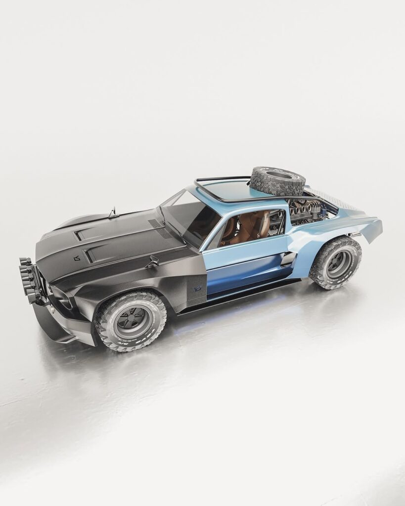 Digitally rendered 1967 Mustang GT with a Baja body and flat-twelve engine, featuring off-road tires and rugged modifications