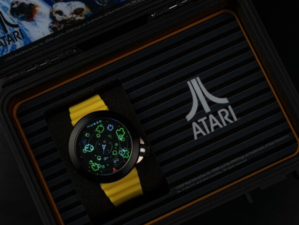 Limited-edition Atari Asteroids watch by Nubeo featuring a multi-layered disc system, spaceship second hand, and luminescent dial.
