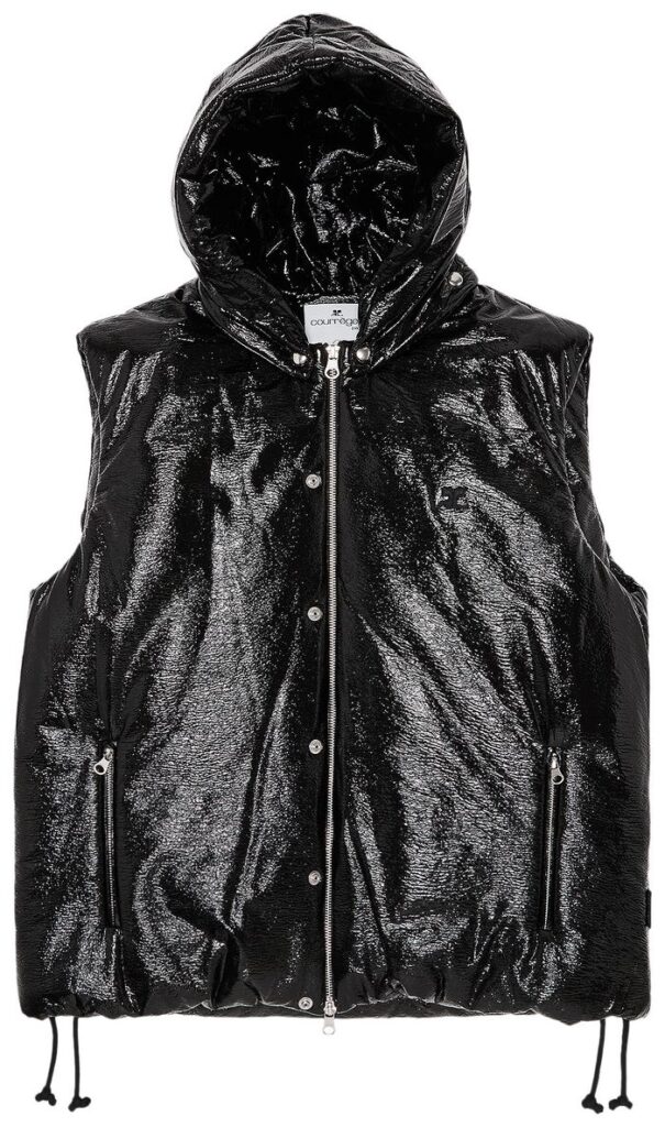A sleek black Courrèges AC Vinyl Sleeveless Puffer Jacket with a glossy finish, high neck, and modern sleeveless design
