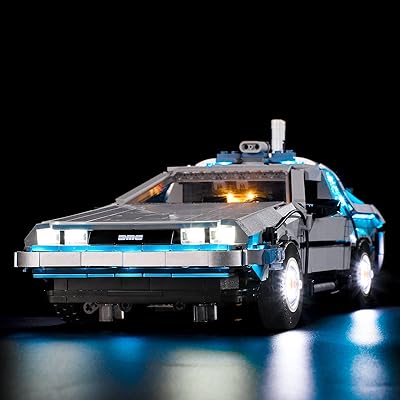 LEGO Back to the Future DeLorean set with detailed design, opening gull-wing doors, foldable wheels, and a light-up flux capacitor.