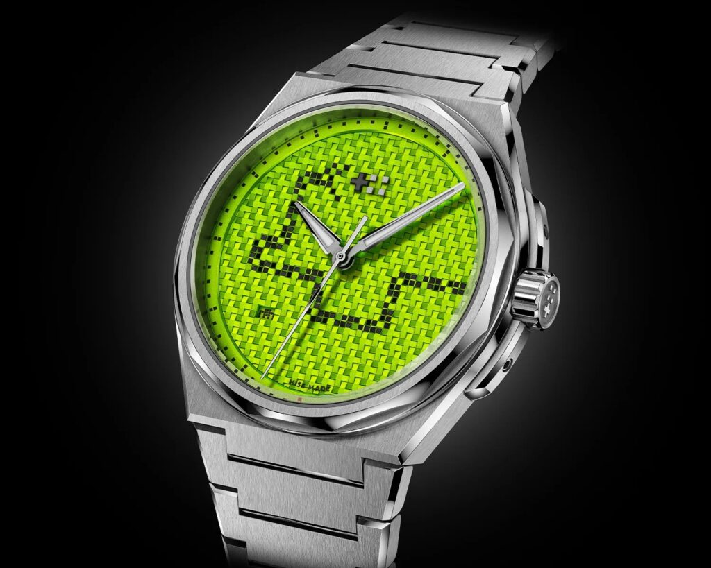 Close-up of The Twelve Snake Watch with a Venom Green dial, pixelated texture, and an angular black snake motif