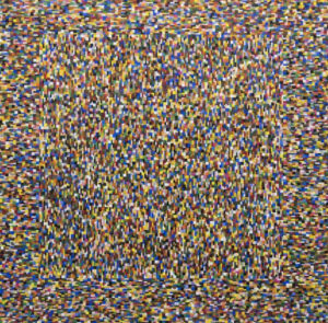 A close-up of Nico Kok’s Pointillist Square, showcasing a detailed geometric pattern formed using Ministeck pieces