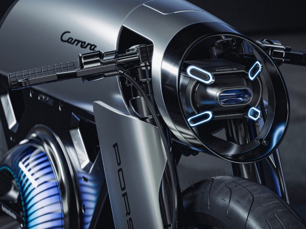 Porsche Café Racer concept motorcycle with aerodynamic teardrop design, silver finish, and Carrera-inspired styling
