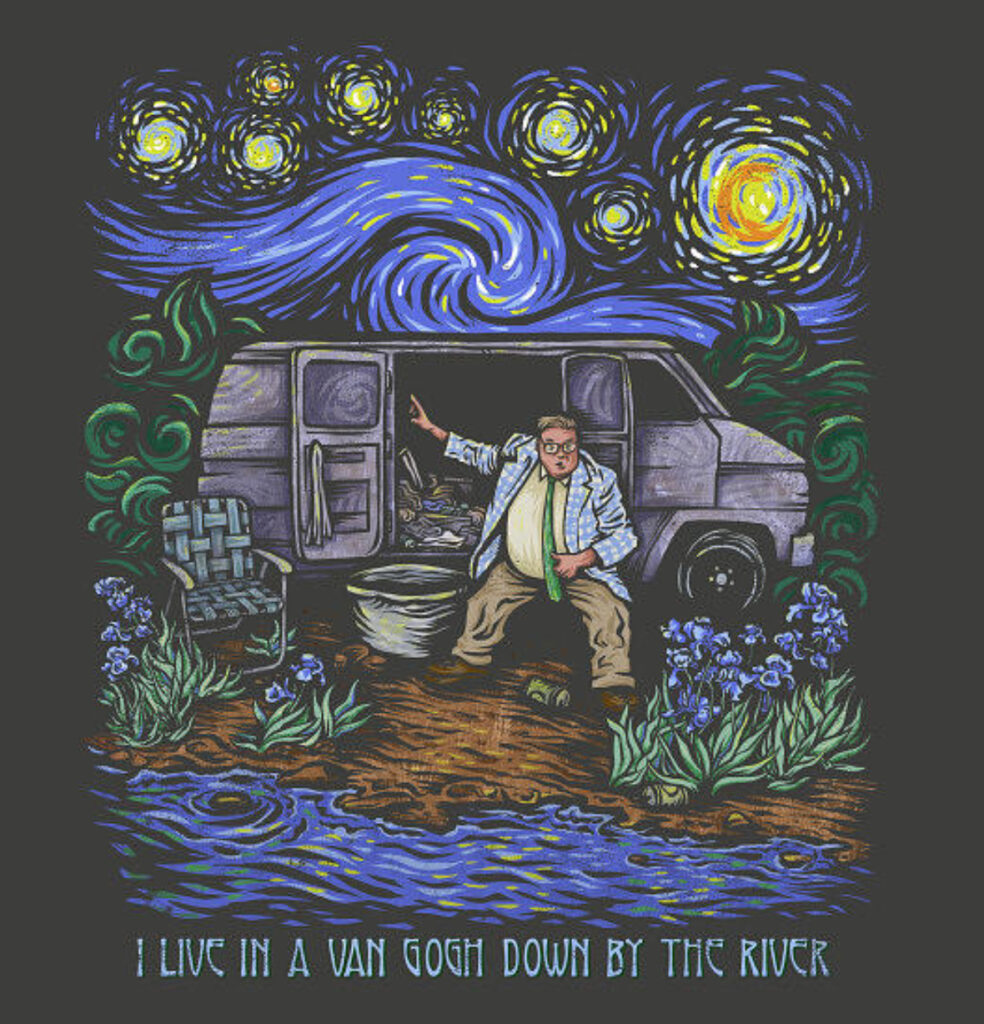 A Van Gogh-inspired river scene blending impressionist brushstrokes with geometric patterns, symbolizing art and consciousness