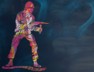 A layered blue-toned artwork by Zero Gradient, Urban Camouflage: Blue, 2024, reflecting urban concealment and surveillance themes