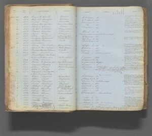 A historical test book from the Emigrant Savings Bank, used for verifying customer identities through personal records