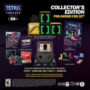 Collector's Edition contents for Tetris Forever, showcasing an array of Tetris-themed physical goodies for fans and enthusiasts