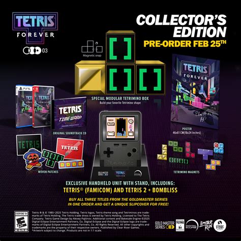 Collector's Edition contents for Tetris Forever, showcasing an array of Tetris-themed physical goodies for fans and enthusiasts