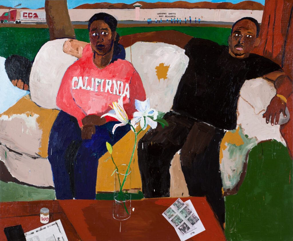 “Henry Taylor’s Resting (2011) depicts his niece and nephew sitting on a sofa, with prison commissary forms on a coffee table and a prison looming in the background. The painting critiques mass incarceration and overcriminalization, highlighting the impact of the prison-industrial complex on Black families in America.”