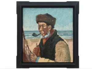 A newly discovered Van Gogh painting of a fisherman, believed to be a lost masterpiece, displayed on an expert’s analysis table