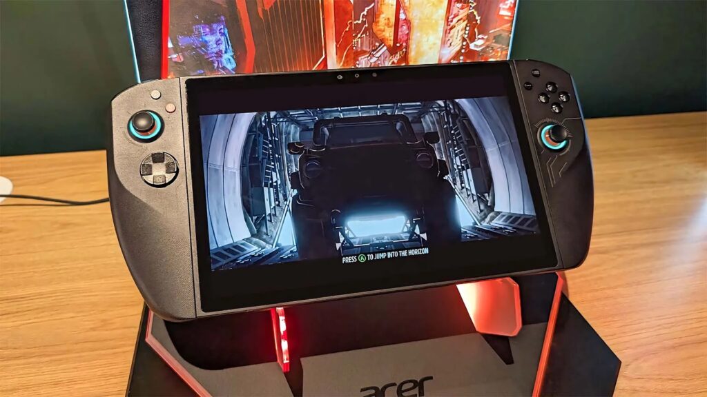 Acer’s 11-inch gaming handheld PC showcasing its large display and sleek design, positioned next to the Steam Deck for comparison