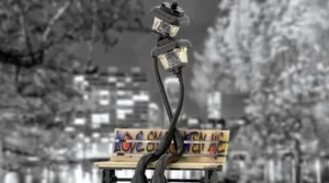 A LEGO-built bench with two curved lampposts leaning toward each other, symbolizing love and connection in brick form