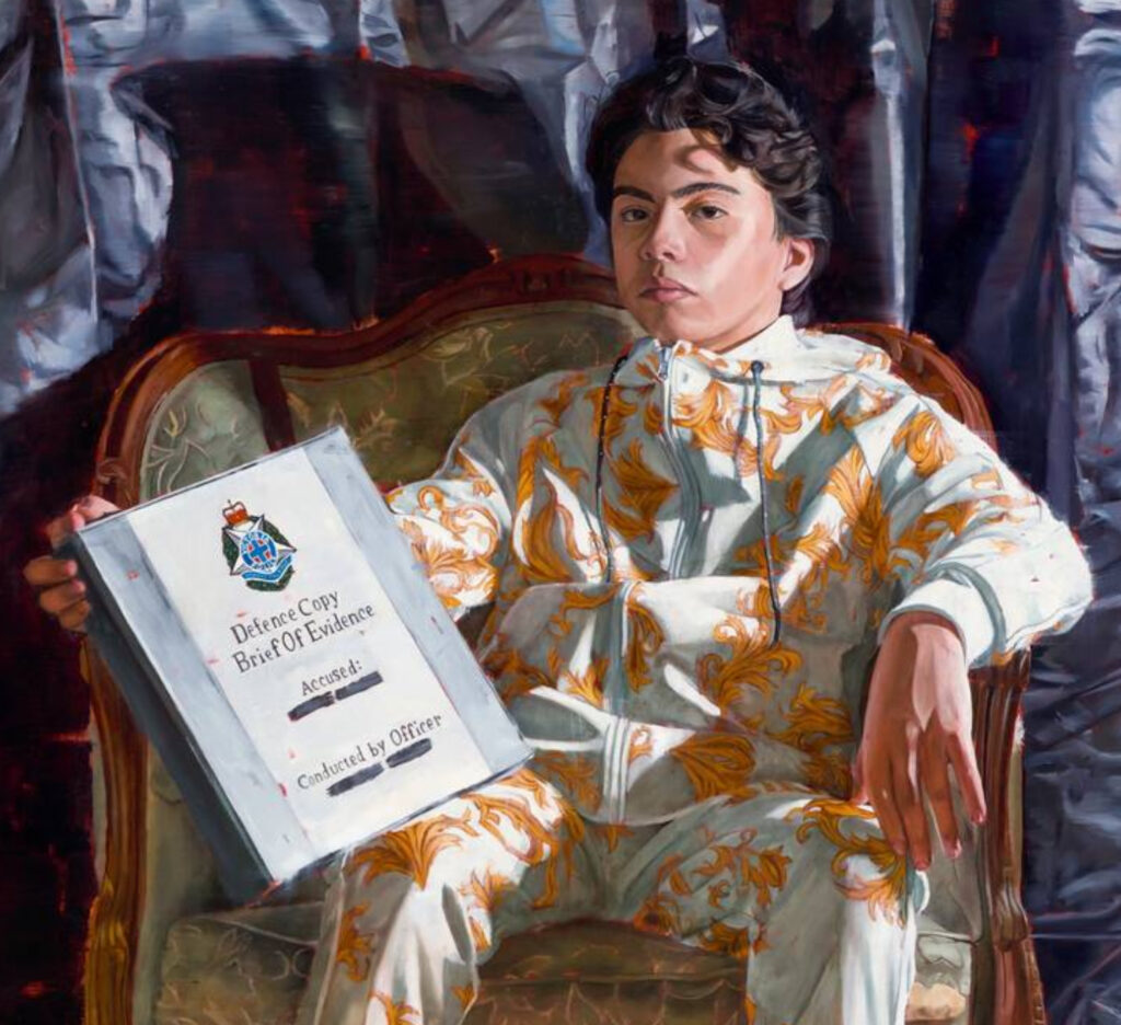 “Crime Prize by Kaili Smith, a powerful painting exploring themes of crime, justice, and societal perceptions through urban realism.”