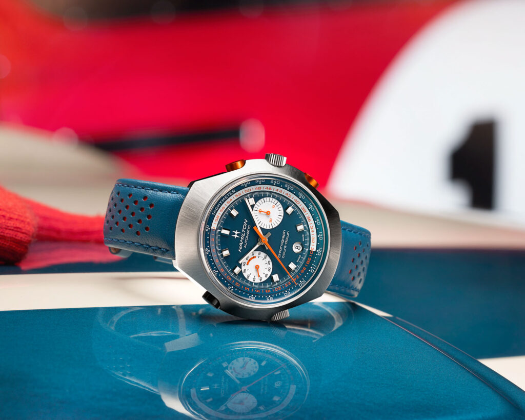 Hamilton Chrono-Matic 50 Auto Chrono Limited Edition watch with a blue and orange racing-inspired design