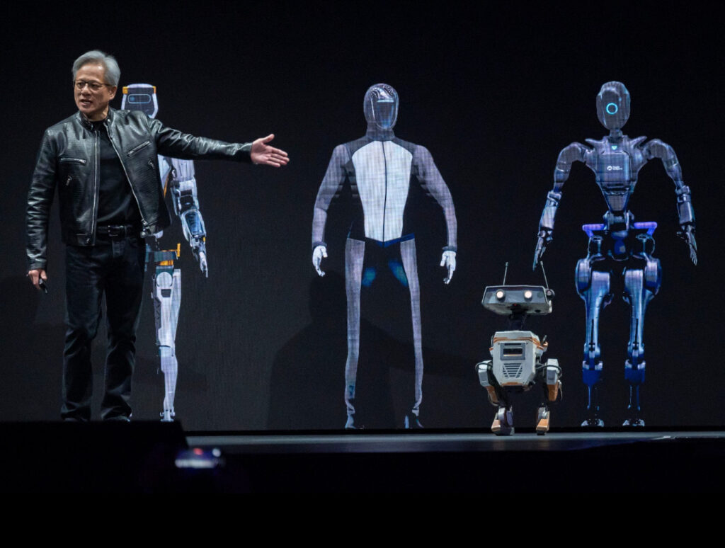 A humanoid robot powered by NVIDIA’s ASAP technology, demonstrating agility and AI-driven adaptability in a dynamic environment