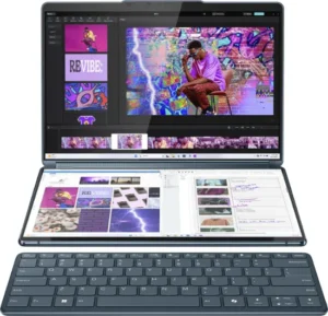 The Lenovo Yoga Book 9i is a dual-screen OLED laptop with Intel Core Ultra 7, 16GB RAM, and a 1TB SSD, perfect for multitasking