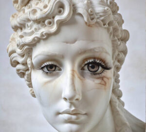 Sephora Venites’ Fading Grace sculpture, a marble and bronze artwork depicting the delicate balance between beauty and decay