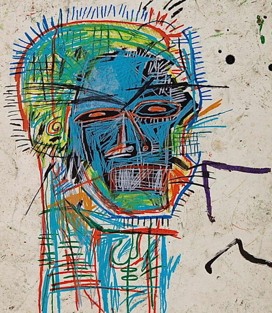 Jean-Michel Basquiat’s Untitled (Head), a dynamic and expressive portrait featuring bold lines, raw emotion, and symbolism