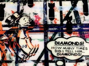 Taylor Smith’s Monopoly-inspired pop art featuring bold colors, gloss resin finish, and themes of wealth, power, and conflict