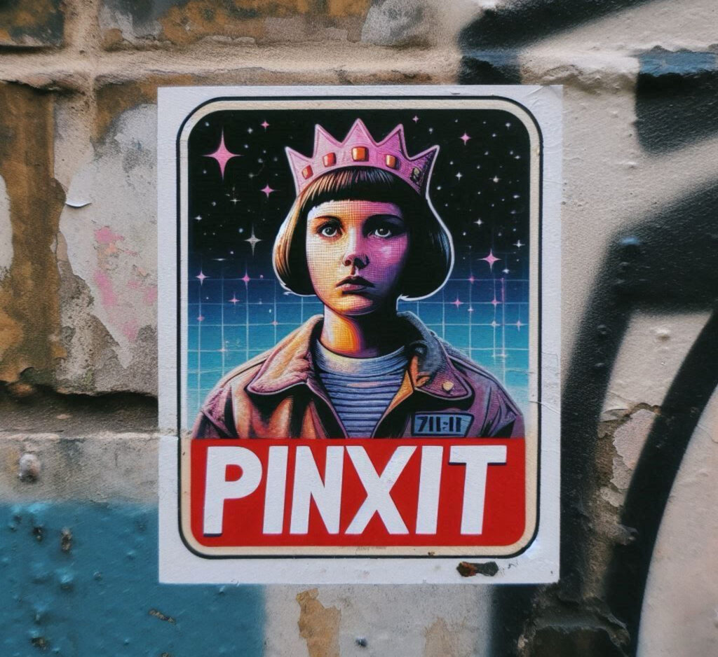 A vibrant Pinxit street art sticker featuring a futuristic portrait, cosmic background, and bold typography on an urban wall