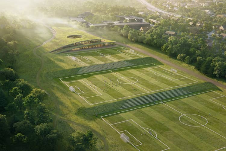 Aerial view of Snøhetta’s proposed Norwegian National Football Team training facility, featuring terraced landscapes and green roofs