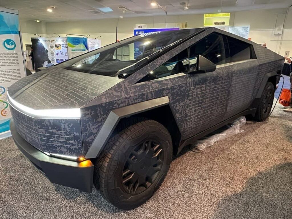 A Tesla Cybertruck fitted with Sunflare Solar’s flexible solar panel wrap, enhancing range and off-grid capabilities
