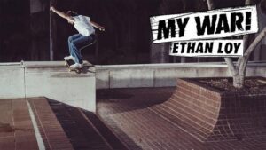 Ethan mid-trick during his grueling 26-session My War skateboarding battle against LA’s unforgiving brick terrain