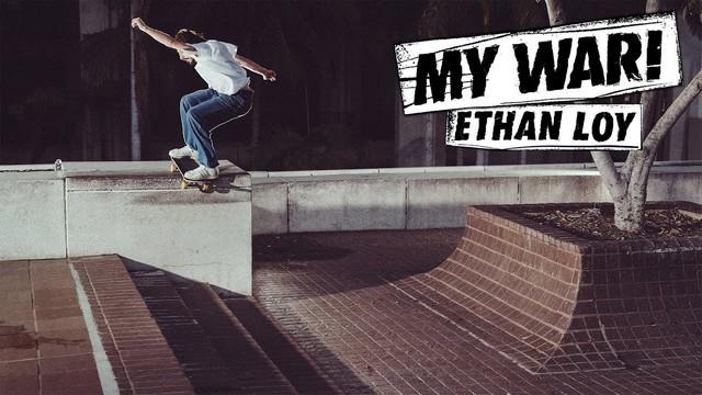 Ethan mid-trick during his grueling 26-session My War skateboarding battle against LA’s unforgiving brick terrain