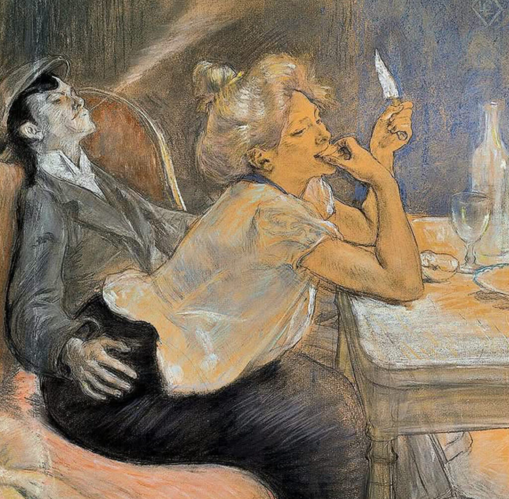A dimly lit scene from Souper de l’Apache by Louis Legrand, depicting Parisian underworld figures gathered around a table