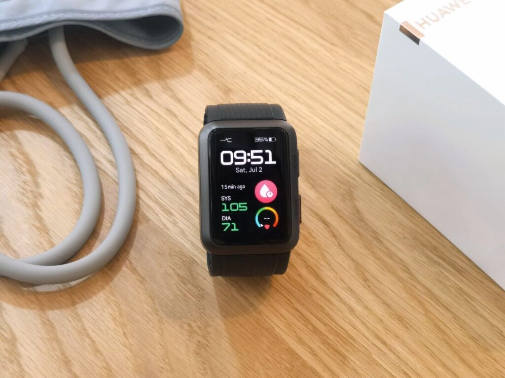 Huawei’s certified smartwatch displaying heart rate, ECG, and blood pressure readings, emphasizing medical-grade health tracking