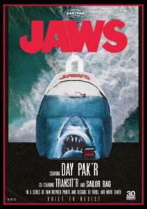 JAWS x Eastpak collection featuring stylish, durable bags inspired by the 1975 JAWS movie, showcasing bold, cinematic design