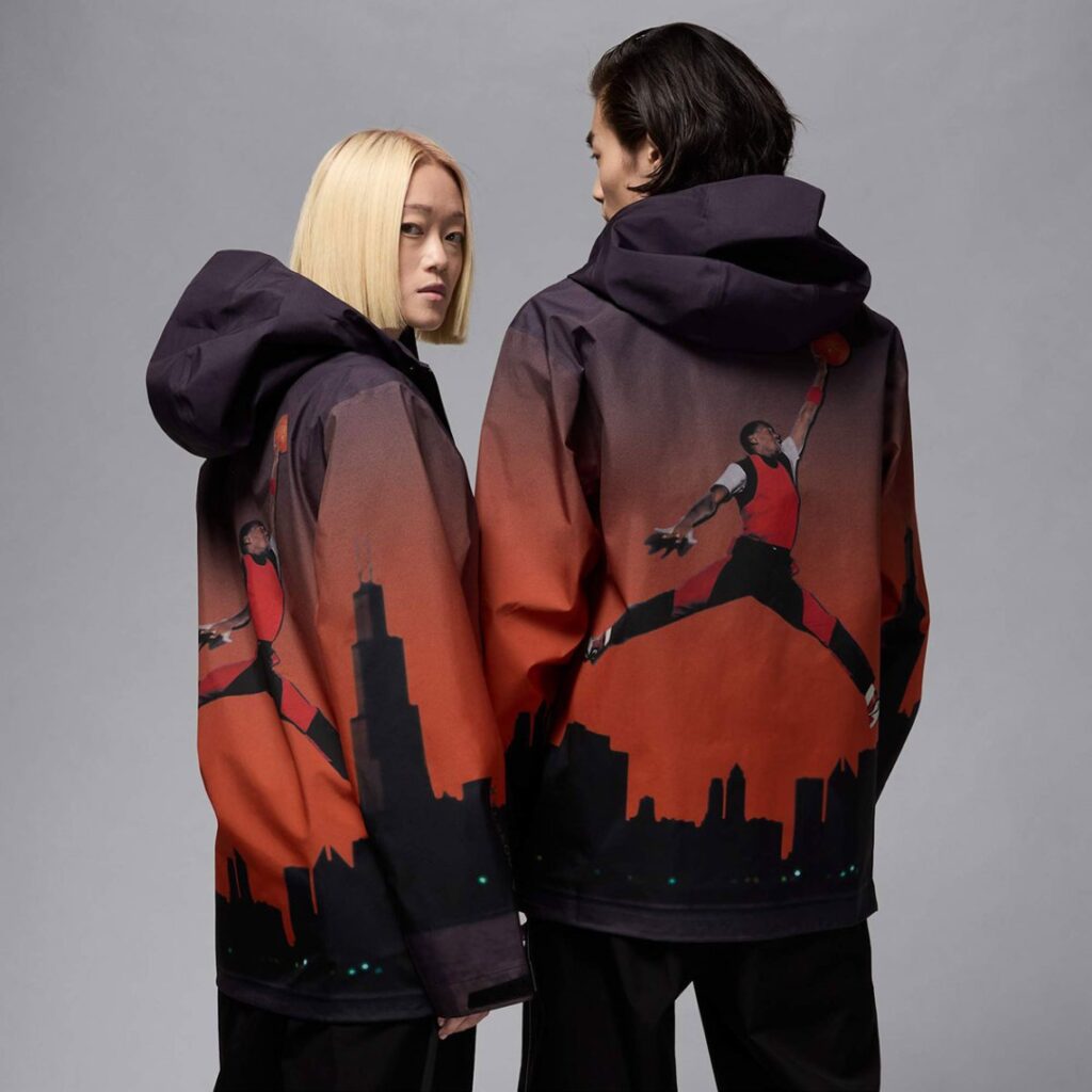 “Jordan Brand’s Skyline GORE-TEX jacket featuring the iconic Chicago skyline gradient, inspired by the 1985 Jumpman photo