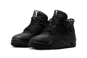 Air Jordan 4 NET Triple Black sneaker featuring a monochrome design, silver accents, and a customizable lacing system