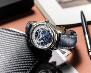 The Frederique Constant Classic WorldTimer, a Swiss-made world timer watch with an elegant design and in-house automatic movement