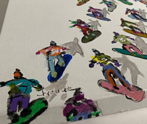 A dynamic painting by Heather Blanton featuring snowboarders in mid-air, created with spray paint and acrylic on paper