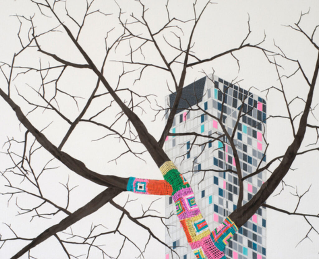 A vibrant knitted installation covering a public structure, showcasing Erik Benson’s mix of street art and traditional craft