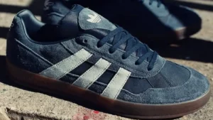 Alt Text: Adidas Aloha Super Legend Ink skate shoes with suede and leather upper, Adiprene cushioning, and Mark Gonzales’ signature design