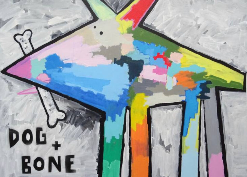 A vibrant acrylic painting from Andy Shaw’s “Dog + Bone” series, featuring bold colors and expressive brushstrokes