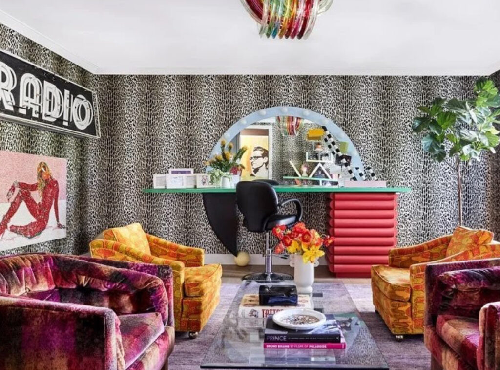 Miley Cyrus’s maximalist dressing room featuring vibrant décor, layered textures, and a cozy conversational seating arrangement