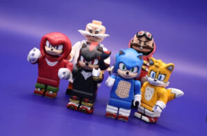 LEGO sculptures of beloved Sonic characters, including Sonic, Tails, and more, displayed in a fan-made tribute series