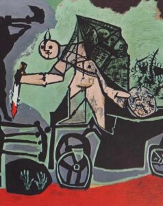 A surreal and fragmented scene from Picasso’s War (1952), depicting the brutality and chaos of human conflict