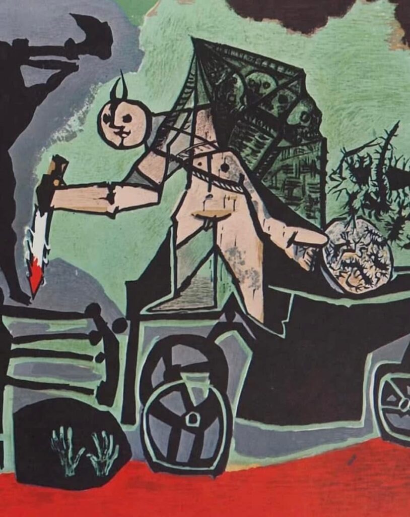 A surreal and fragmented scene from Picasso’s War (1952), depicting the brutality and chaos of human conflict