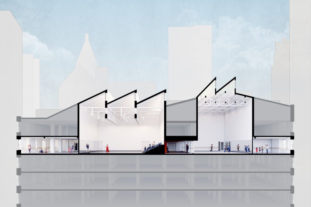 Rendering of the new Martha Graham Dance Company's Times Square facility, housing dance studios, educational programs, and archival resources