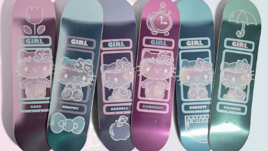 A colorful skate deck featuring Hello Kitty, part of the limited-edition Girl Skateboards x Hello Kitty 50th Anniversary Collection
