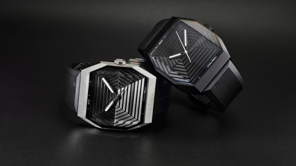 ALTO ART 01 watch with a titanium case, unique sapphire crystal, and retro-futuristic design inspired by 70s aesthetics.