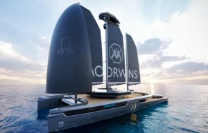 A sleek and innovative Moorwins Catamaran Concept by Camber Yacht Design, showcasing a collaboration with Moorwins Fashion for a unique luxe yachting experience