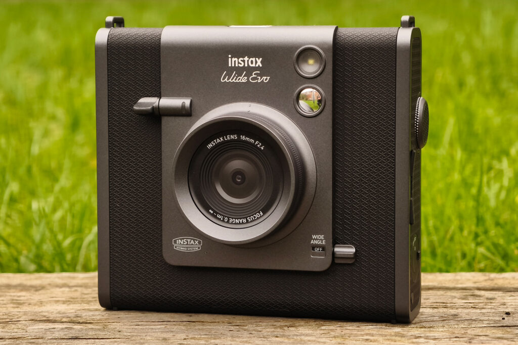 Fujifilm Instax Wide Evo camera offering large-format instant prints, combining modern technology with vintage design elements