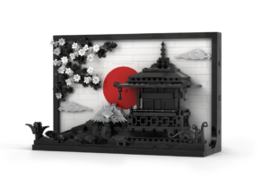 LEGO Art of Japan set featuring a 3D Japanese temple, Mount Fuji, and a rising sun in a detailed diorama-style display